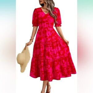 Casual Floral Short Sleeve Ruffle Flowy Midi Dress